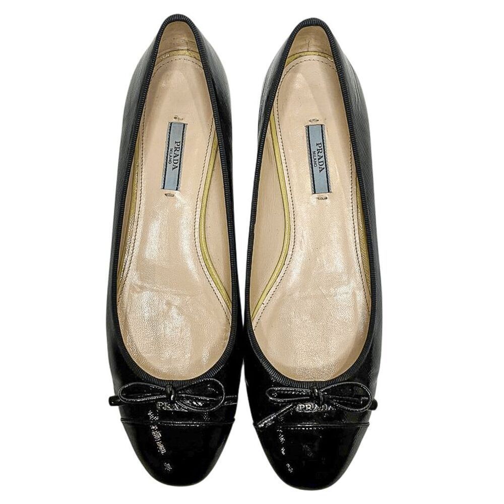 Prada Saffiano Leather Ballet Flats Cap Toe Black Logo Bow EU 41 Italy Slip Ons - Picture 3 of 14